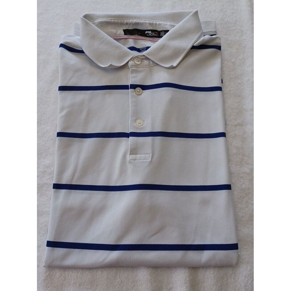 RLX Ralph Lauren Mens Golf Polo Shirt Large White Blue‎ Striped Wyndham Champion